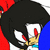 Pixelated cartoon character with black hair, red eyes, and a blue collar on white clothing against red background.