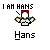Pixel art buddy icons display two characters with white faces, red hats, and beige clothing against a gray background; text labels identify them as Hans, Franz, or both.