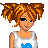 A 4x4 contact sheet of a pixel art animated buddy icon featuring a female character with orange curly hair and blue accents, alongside text-based animation frames on black background.