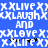 Blue background with white pixelated text repeating 'XXLIVE', 'XXLAUGH', and 'XXLOVE' in horizontal , some words partially obscured by black pixel clusters