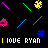 Pixelated icon with black background featuring repeated 'I LOVE RYAN' text and colorful abstract shapes including hearts, stars, crosses, lines, and dots.