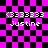 Pixelated icon with pink and black checkered background, white text reading 'Justine' and '<333333', and a distorted circular overlay on the right side.