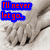 Pixelated image of a light-colored animal with dark patches, overlaid by blue text boxes containing red pixelated letters.