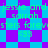 Pixelated text and symbols on a blue and purple checkered background with repeated patterns.