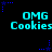 Pixelated cyan text "OMG Cookies" repeated across a black background with blue star-shaped dots in corners and midpoints.