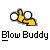A contact sheet of two animated frames showing a yellow stick figure with white circular eyes blowing air, positioned above the text "Blow Buddy" in pixelated font.