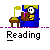 Pixel art icon shows a character reading under lamp light with book, then transitions to open book pages.