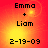 Red and yellow gradient background with black text reading "Emma + Liam" above date "2-19-09", showing two identical static frames.