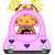 Pixel art contact sheet showing two frames of a cartoon character driving a pink car with heart decorations, wearing bunny ears and earrings.