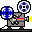 Pixelated film projector icons with rotating reels and changing colored accents on gray bodies