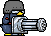 Pixel art penguin in gray helmet and blue uniform holding large silver cannon, firing yellow projectiles