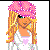 Pixelated cartoon character with pink and white outfit across three frames showing head, torso, and legs on a gray background.