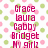 Pixelated text listing names over a polka-dot background with pink and green dots on white.