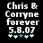 Pixelated text on black background reads 'Chris & Corryne forever 5.8.07' with five light blue plus signs below, two of which shift position between frames.