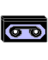Pixelated tape player icon with light purple cassette, black body, and white eyes; mouth alternates between closed smile and open teeth across frames.