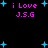 Pixelated icon with pink text 'i Love J.S.G' and blue stars on black background, static display.