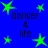 Blue background with green star shapes and repeated text "dancer 4 life" in dark blue pixelated font.