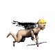 Animated sequence of a winged humanoid figure with yellow hair running across gray background, showing motion progression through