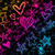 Pixelated pattern of glowing hearts and stars in purple, blue, orange, and yellow on black background with gray