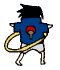 A cartoon character in a blue shirt and gray shorts performs hula hoop movements with a yellow ring, showing varied poses from side to front views.