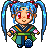 Pixel art character with blue pigtails and red hair ties, wearing a green and blue outfit with pink flower accents.