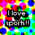Pixelated image with colorful circles and text reading "I love sports!!" on top left, "I love horses!" on top right, and "I wish for you to love me!!" at bottom.