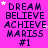 A static image with a bright pink background displays repeated text "DREAM BELIEVE ACHIEVE MARISS #1" in dark purple pixelated font, accompanied by small white and light pink stars.