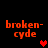 Red pixelated text 'broken-cyde' appears in four quadrants with a red heart symbol in the bottom-right quadrant, all on a black background.