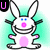 Pixelated bunny with blue eyes, pink nose, and pink belly spot, smiling with arms raised against a teal background.