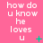 Pink background with white pixelated text reading 'how do u know he loves u' and green plus or X symbols changing across frames.