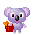 Pixelated purple koala with pink ears holds red basket of orange flowers; mouth and eye expressions change
