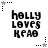 Pixelated black text 'holly loves kean' on white background with star and dot patterns in corners.