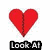 Red heart-shaped icon with vertical crease, black text boxes below each of four displaying partial phrases