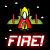 A 4-frame animated contact sheet showing a pixelated spaceship with yellow wings and red accents firing against a black starry background, each frame displaying the word "FIRE!" in glowing white text below.