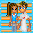 Animated pixel art of two cartoon figures standing side-by-side against striped background, with text reading 'first kiss' below.