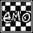 Two side-by-side animated frames of a buddy icon featuring the text 'eMO' on a black-and-white checkered background with pixelated edges and varying color intensity between frames.