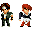 Pixel art character with red hair and dark green outfit in multiple poses against gray background.