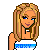 Pixel art buddy icon featuring a blonde woman on left and green text logo on right against gray background.