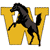 A static pixelated image shows a black horse rearing on a large yellow letter W with white accents.