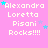 Pixelated text on pink background with scattered stars, repeating 'Alexandra Loretta Pisani Rocks!!!!' in white and cyan letters.