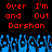 Red pixelated text reads 'Over and Out Darshan' repeated twice on black background with blue pixelated shapes below.