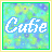 Pixelated 48x48 static buddy icon with green border, yellow outer frame, and blue-green gradient background featuring the word "Cute" in white pixelated text.