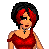 A 5x5 contact sheet of pixel art frames showing a red-and-black-clad female character with fiery effects and repeated text overlays, arranged in animation sequence from left to right top-to-bottom.