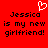 Red background with black pixelated text reading "Jessica is my new girlfriend!" and a white heart symbol above the name.