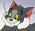 Pixelated cartoon cat with gray fur, red inner ears, yellow eyes, and white chest in three- showing sequential animation frames