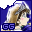 Pixelated anime-style character with brown hair and pink cheeks, wearing blue clothing against a dark blue background.
