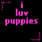 Pixelated pink text 'i luv puppies' on black background with animated star and dot patterns in top-left, middle, and bottom positions.