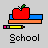 Pixel art icon featuring a red apple with a green leaf on top, resting on stacked blue and orange rectangles, with a horizontal bar of colored squares below and the word 'School' in pixelated text.