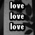 Three vertical 'love' text blocks on gray background, three white arrow icons on dark background with purple border, and a stylized skull with hearts and 'lovec' text on black background.