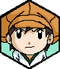 Four pixel-art frames of a character with brown hair and an orange cap in various expressions against a light blue background within hexagonal borders.